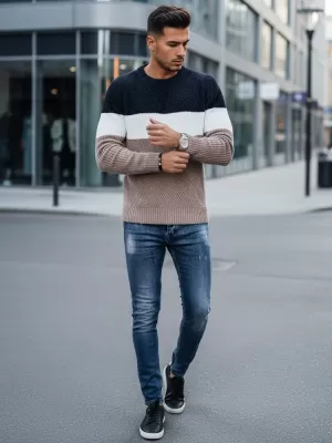 Férfi pulóver DSTREET WX2321 BÉZS/SÖTÉTKÉK