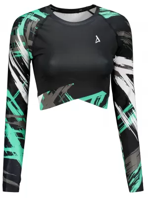 Női prémium, hosszú ujjú funkcionális crop felső ALTISPORT VOJ/ALW039TR04 FEKETE/TÜRKIZ