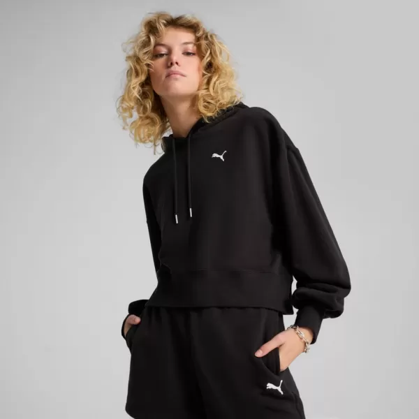  Női pulóver PUMA WARDROBE ESS RELAXED CROPPED HOODIE TR 629746-01 FEKETE 